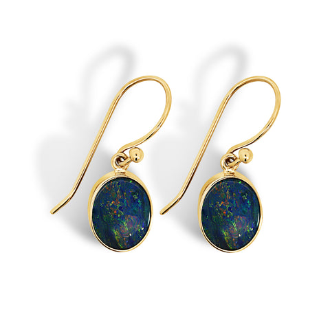 9ct Yellow Gold Oval Australian Opal Drop Earrings - alternate view