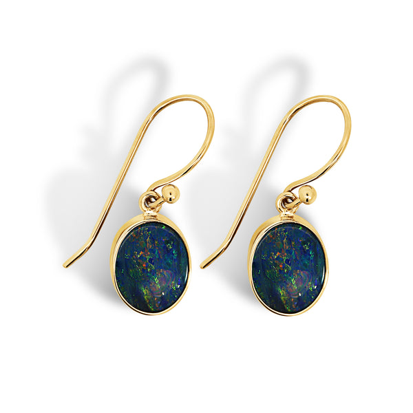 9ct Yellow Gold Oval Australian Opal Drop Earrings - alternate view