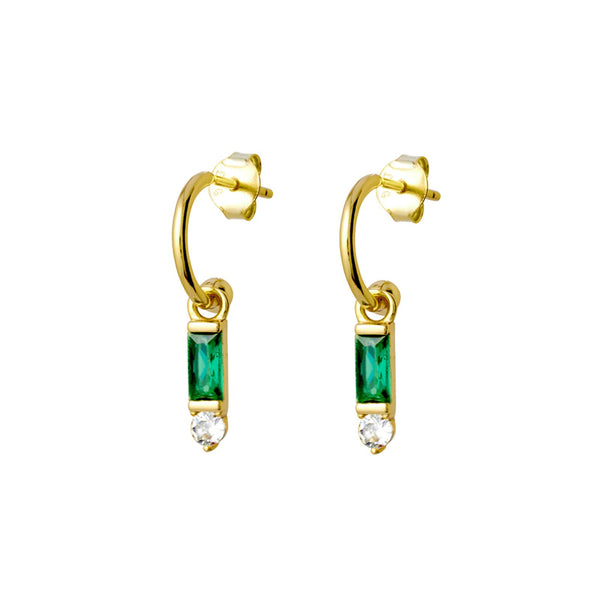 Yellow Gold Plated Hoops With Emerald Stone Drop And Round Cubic Zirconia - alternate view