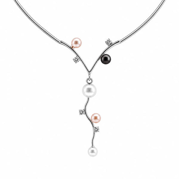 9ct White Gold Pearl & Cubic Zirconia Vine Necklace