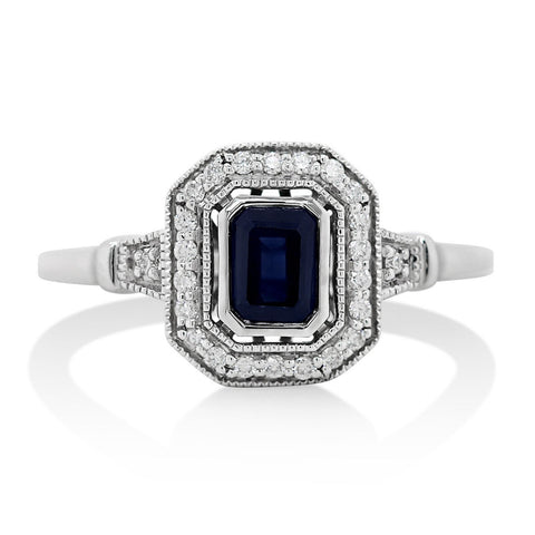 9ct White Gold Art Deco Sapphire Ring With Diamond Set Halo - alternate view
