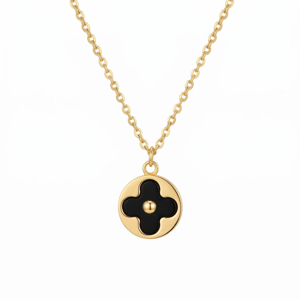 9ct Yellow Gold Black Onyx Flower Necklace