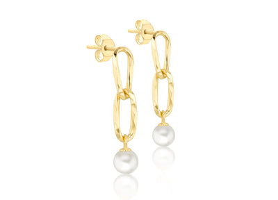9ct Yellow Gold Double Twisted Paperclip Pearl Drop Earring