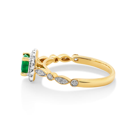 18ct Yellow Gold Emerald & Diamond Antique Style Ring - alternate view