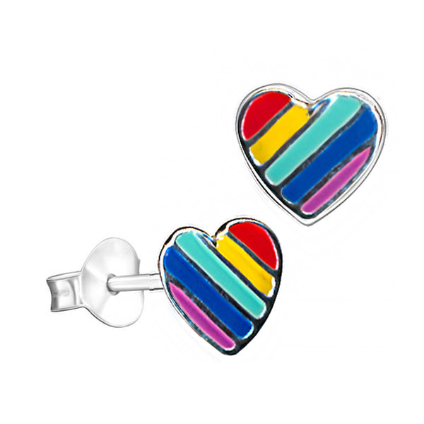 Sterling Silver Rainbow Enamel Heart Stud Earrings - alternate view