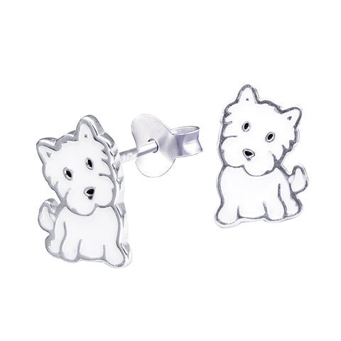 Sterling Silver White Dog Stud Earrings - alternate view