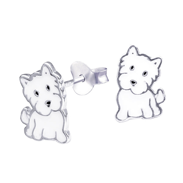 Sterling Silver White Dog Stud Earrings - alternate view