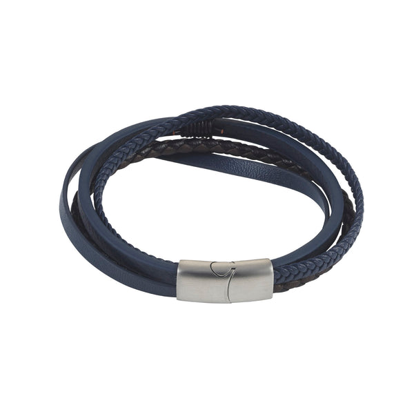 Mens Leather And Stainless Steel Dark Brown/Blue Multi Strand Bracelet - alternate view