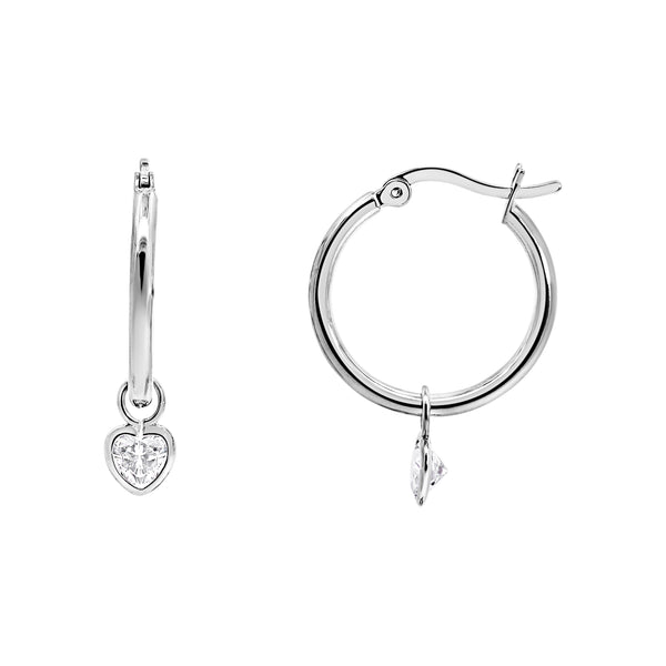Sterling Silver Hoop Earring With Cubic Zirconia Heart Drop - alternate view