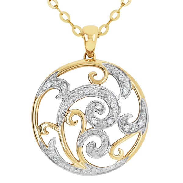 9ct Yellow Gold Circle Pendant Swirl Design Diamond Set - alternate view