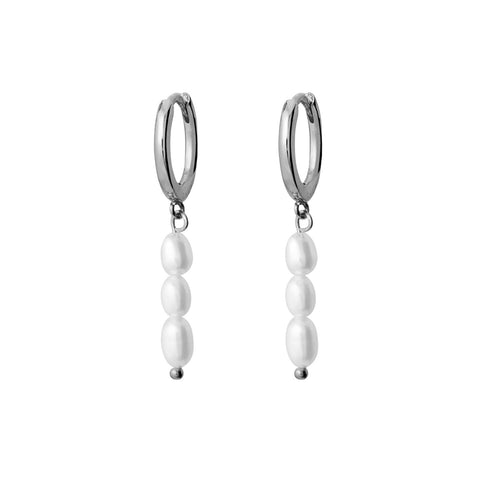 Sterling Silver Huggie Earrings With 3 Freshwater Pearl Drop - alternate view