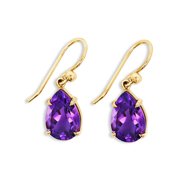 9ct Yellow Gold Teardrop Amethyst Drop Earrings - alternate view