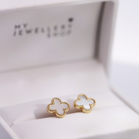 9ct Yellow Gold Mother Of Pearl Four Leaf Clover Earrings - alternate view