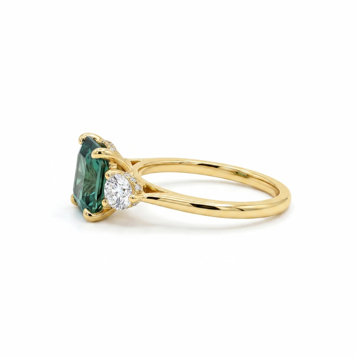 14ct Yellow Gold Cushion Modified Brilliant Green Lab Grown Diamond Trilogy Ring