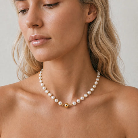14ct Yellow Gold Bead And Pearl Necklace - alternate view
