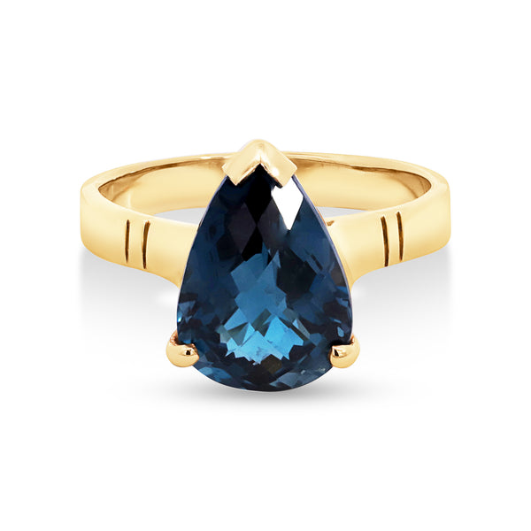 9ct Yellow Gold Teardrop London Blue Topaz Ring - alternate view