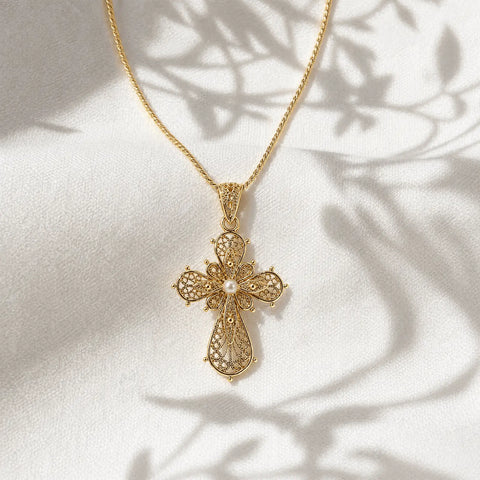 18ct Yellow Gold Filigree Cross With Freshwater Pearl - alternate view