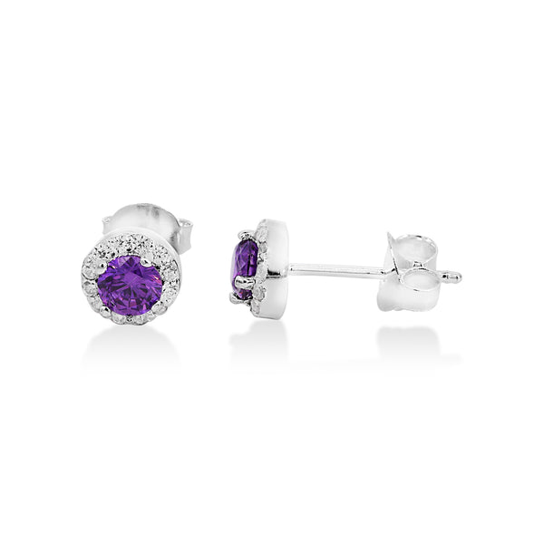 Sterling Silver Amethyst CZ Set Earrings With Clear Halo - alternate view