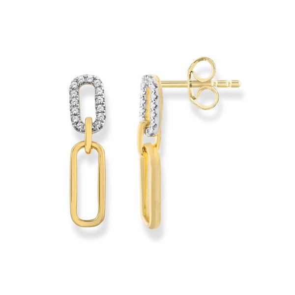 9Ct Yellow Gold Diamond And Plain Paperclip Drop Earrings