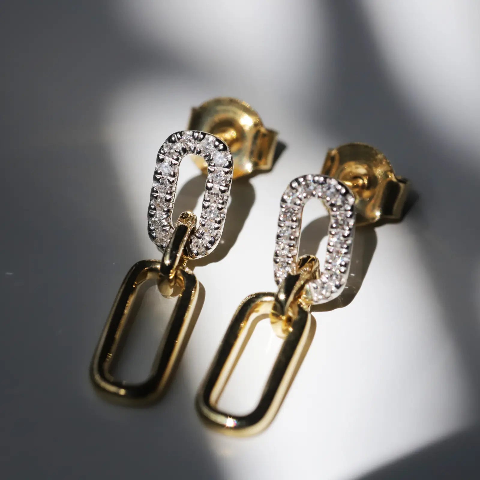 9Ct Yellow Gold Diamond And Plain Paperclip Drop Earrings