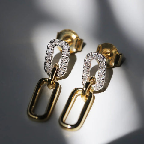 9Ct Yellow Gold Diamond And Plain Paperclip Drop Earrings - alternate view