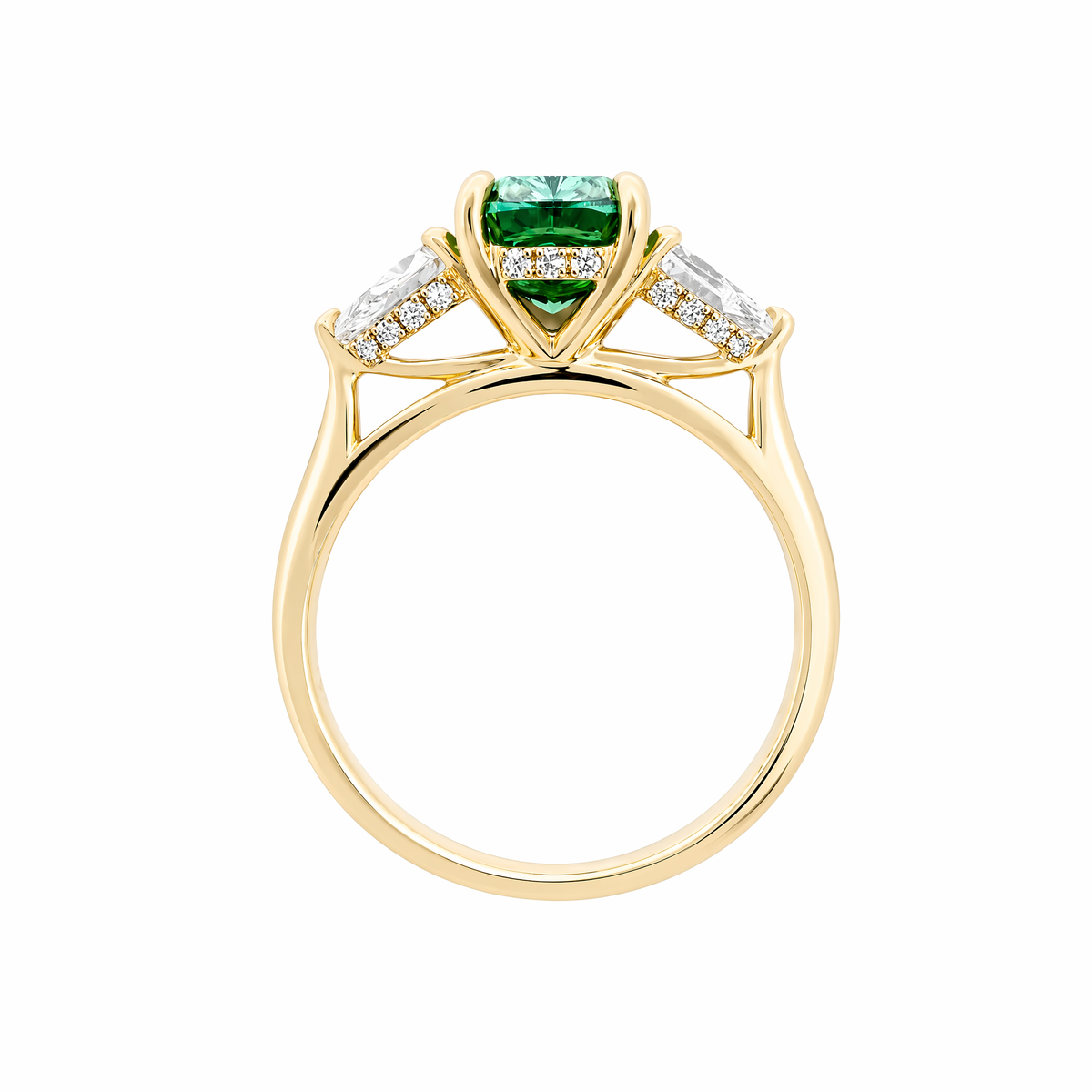 14ct Yellow Gold Cushion Modified Brilliant Green Lab Grown Diamond Trilogy Ring