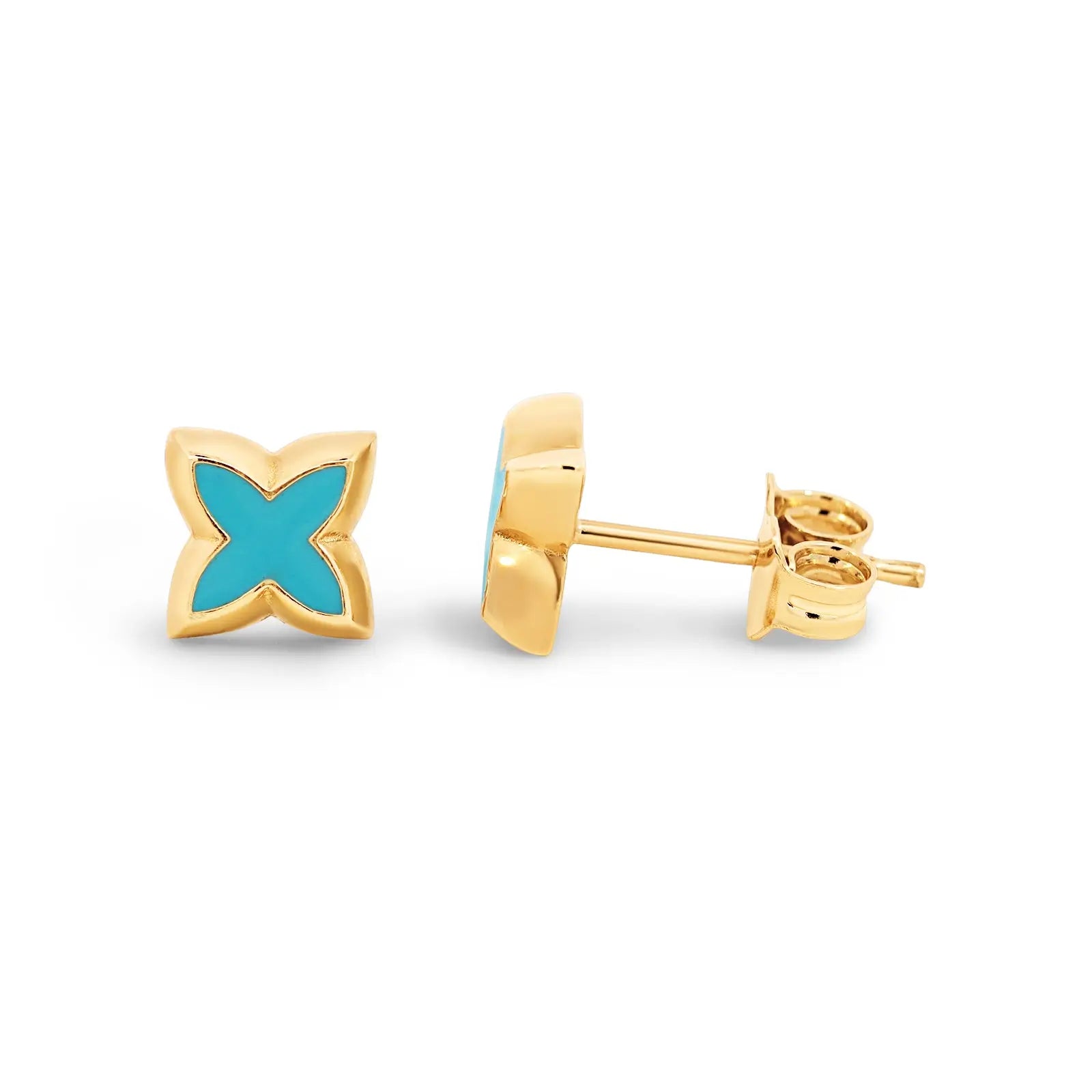 9ct Italian Yellow Gold Blue Enamel Four Leaf Clover Stud Earrings