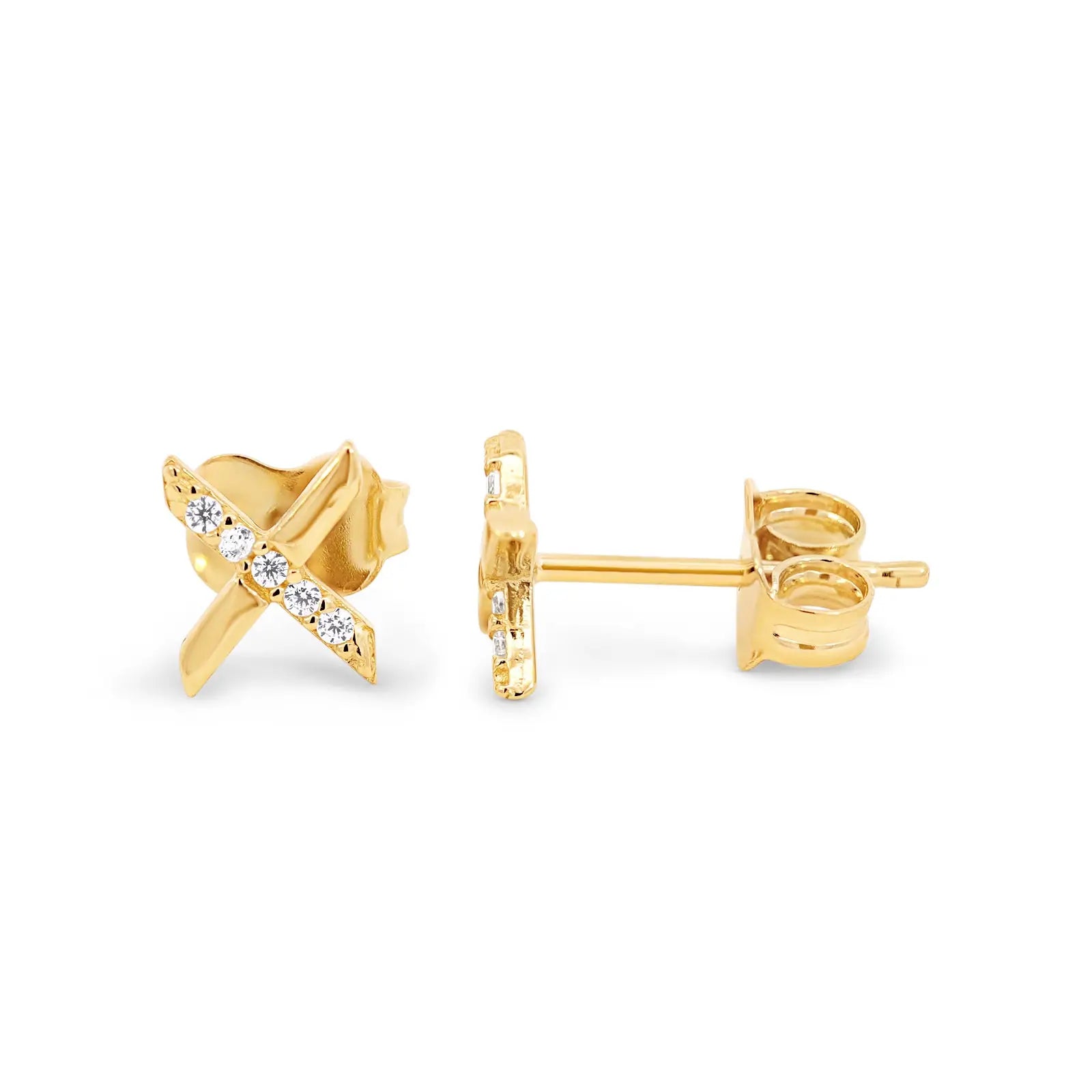 9ct Italian Yellow Gold Criss Cross Stud Earrings With Cubic Zirconia