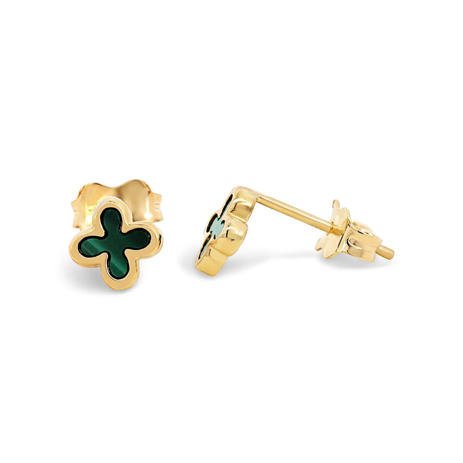 9ct Italian Yellow Gold Green Enamel Four Leaf Clover Stud Earrings