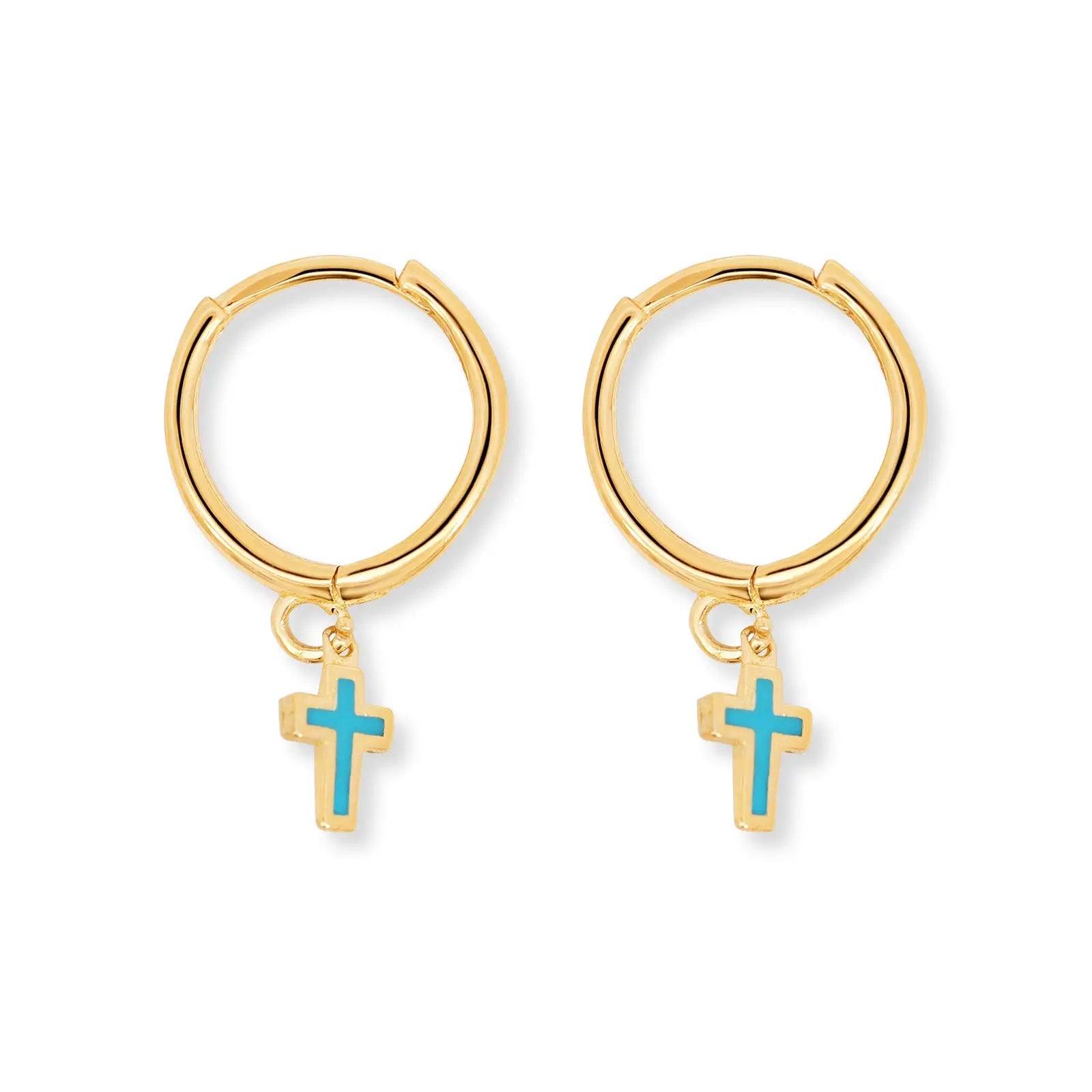 9ct Italian Yellow Gold Huggies With Hanging Blue Enamel Cross