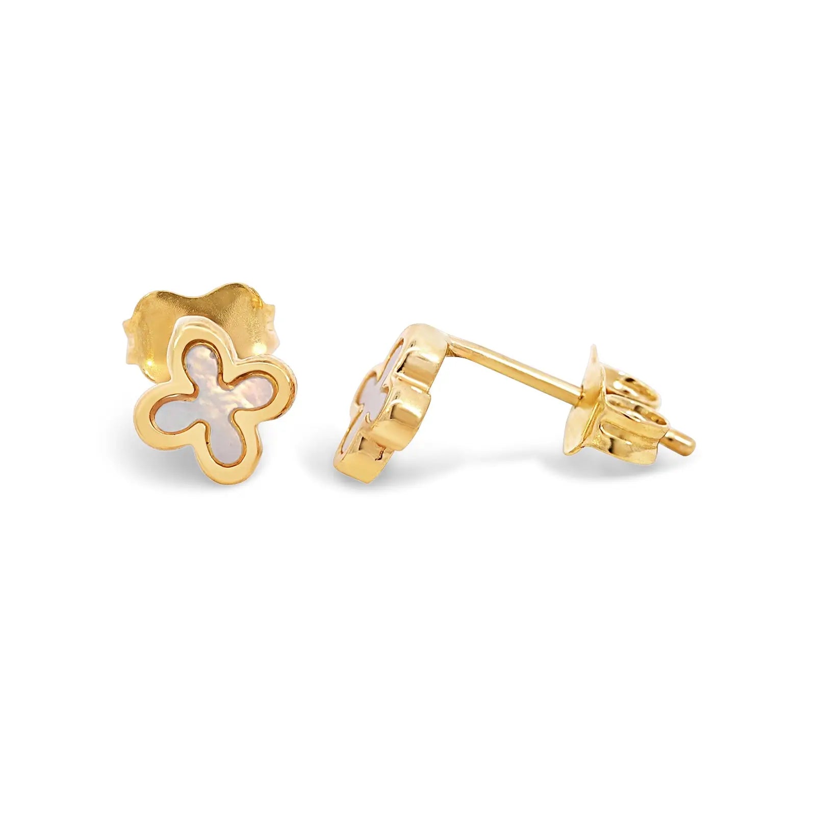 9ct Italian Yellow Gold Mother Of Pearl Four Leaf Clover Stud Earrings