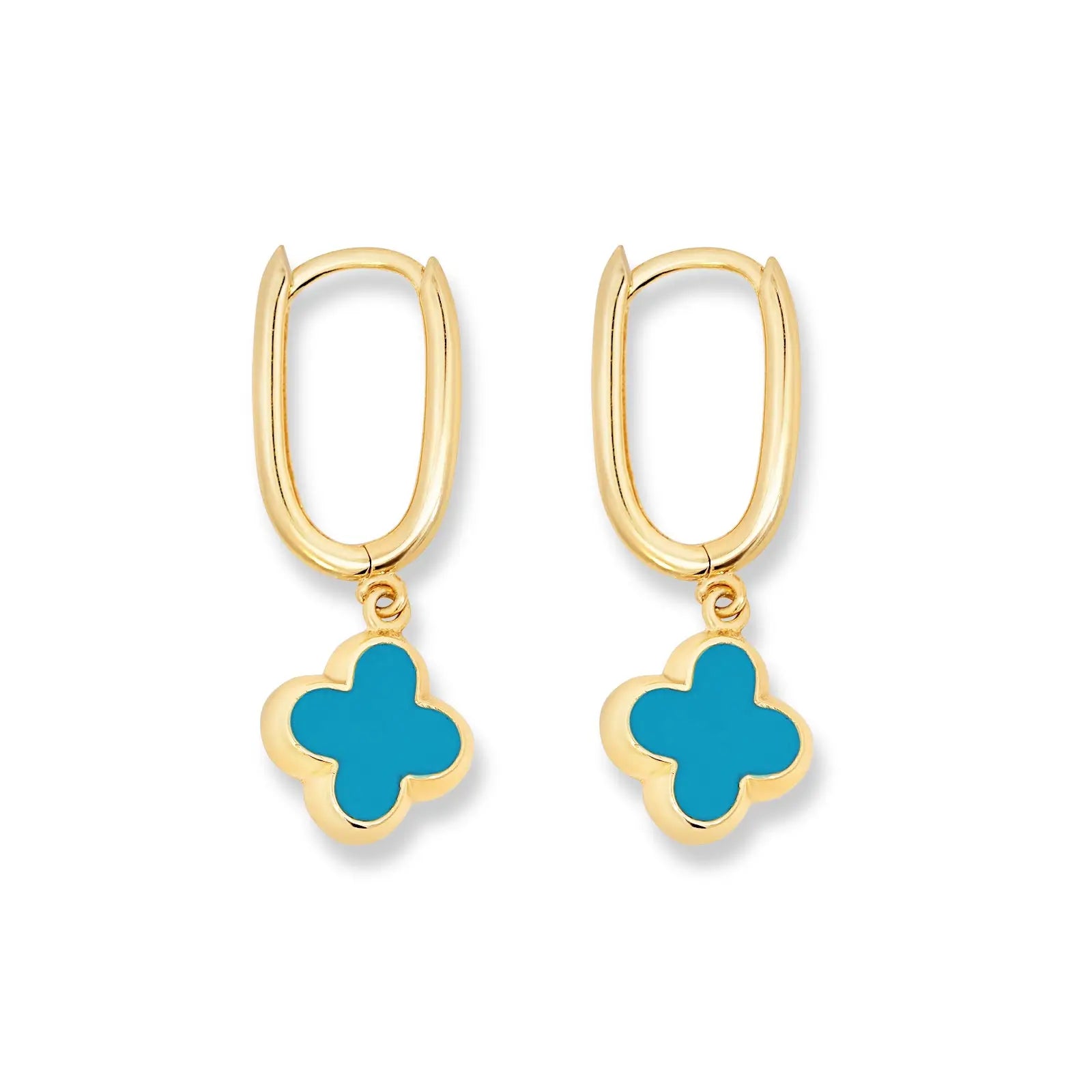 9ct Italian Yellow Gold Oval Huggies With Blue Enamel Clover Charm