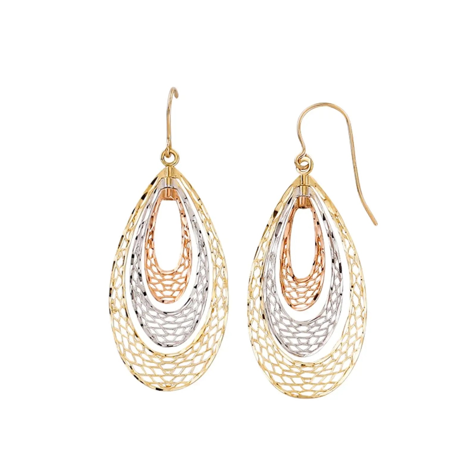 9ct Three Tone Teardrop Mesh Look Earrings