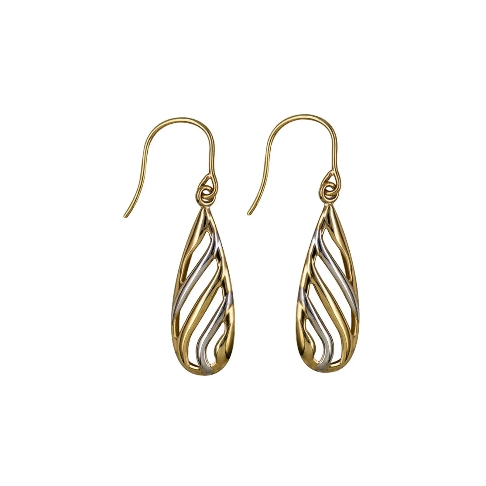 9ct Two Tone Polished Fancy Cut Out Teardrop Hook Earrings