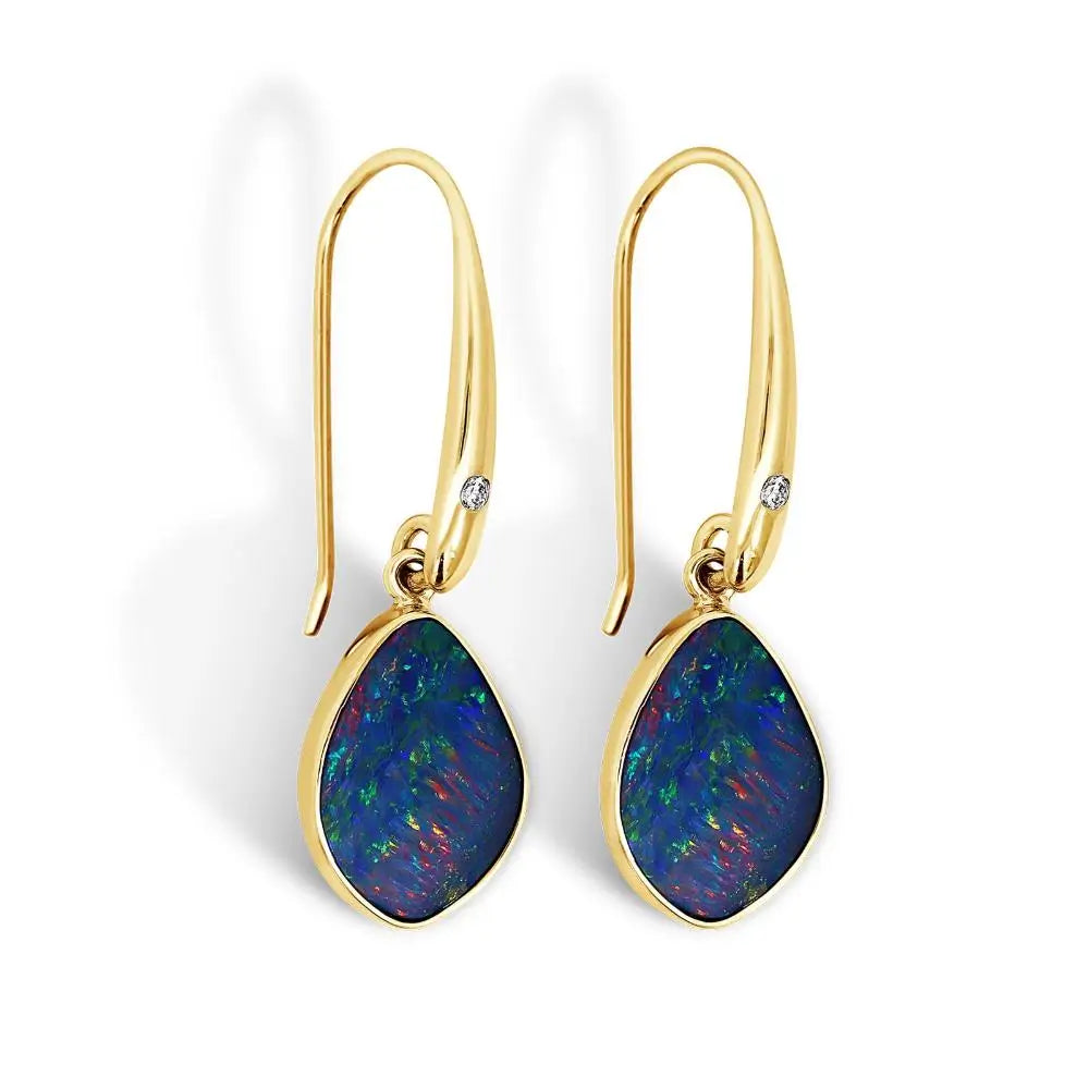 9ct Yellow Gold Australian Opal And Diamond Drop Earrings