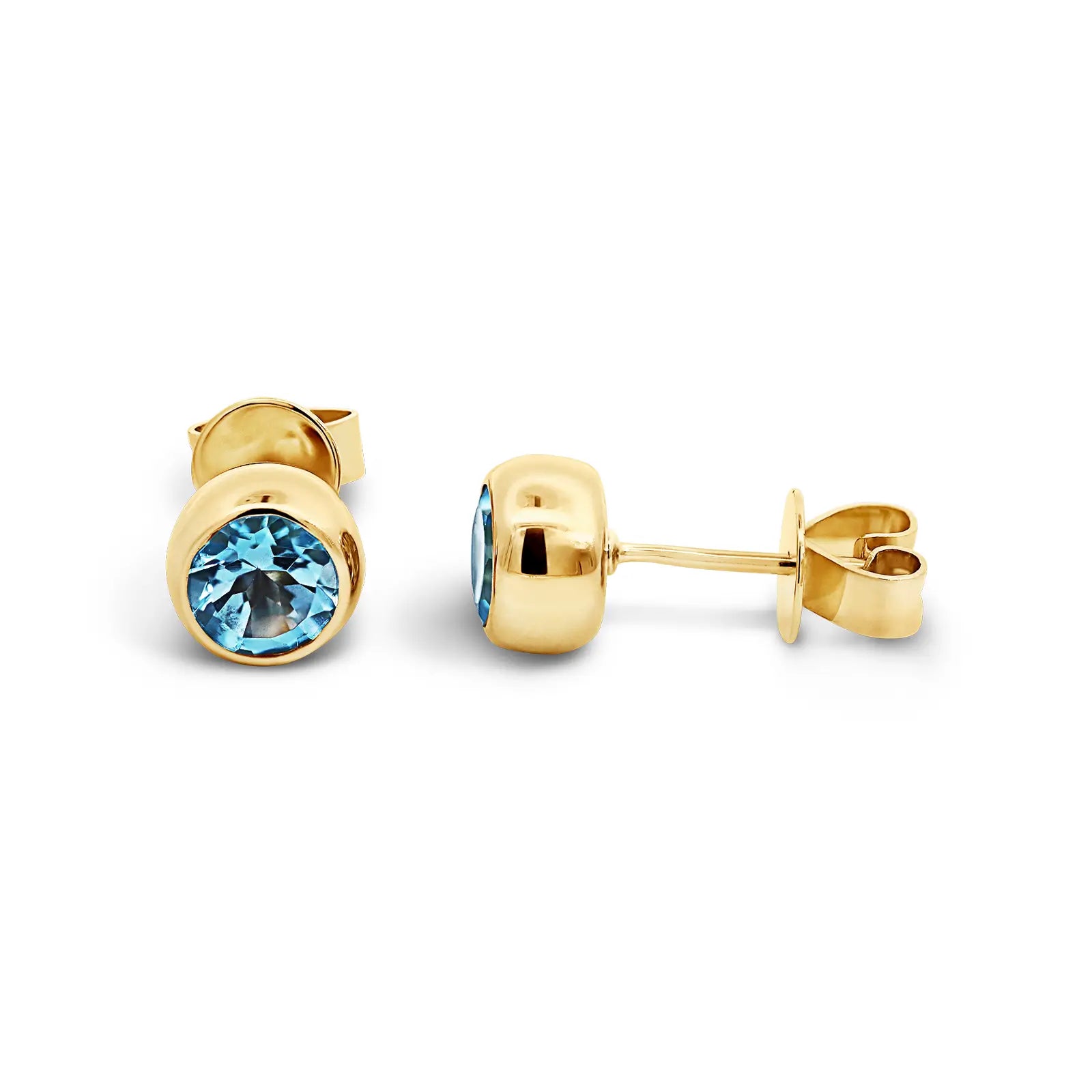 9ct Yellow Gold Bezel Set Blue Topaz Stud Earrings