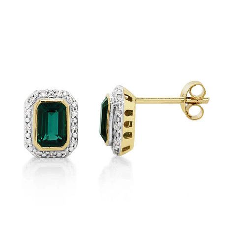 9ct Yellow Gold Created Emerald & Diamond Earrings