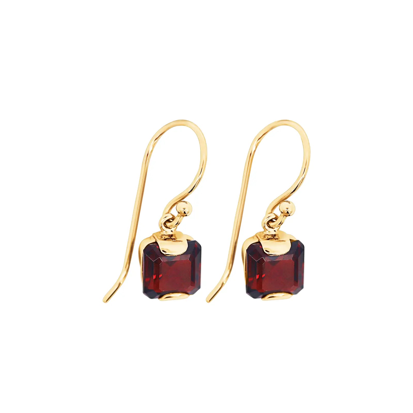 9ct Yellow Gold Cushion Cut Garnet Drop Earrings