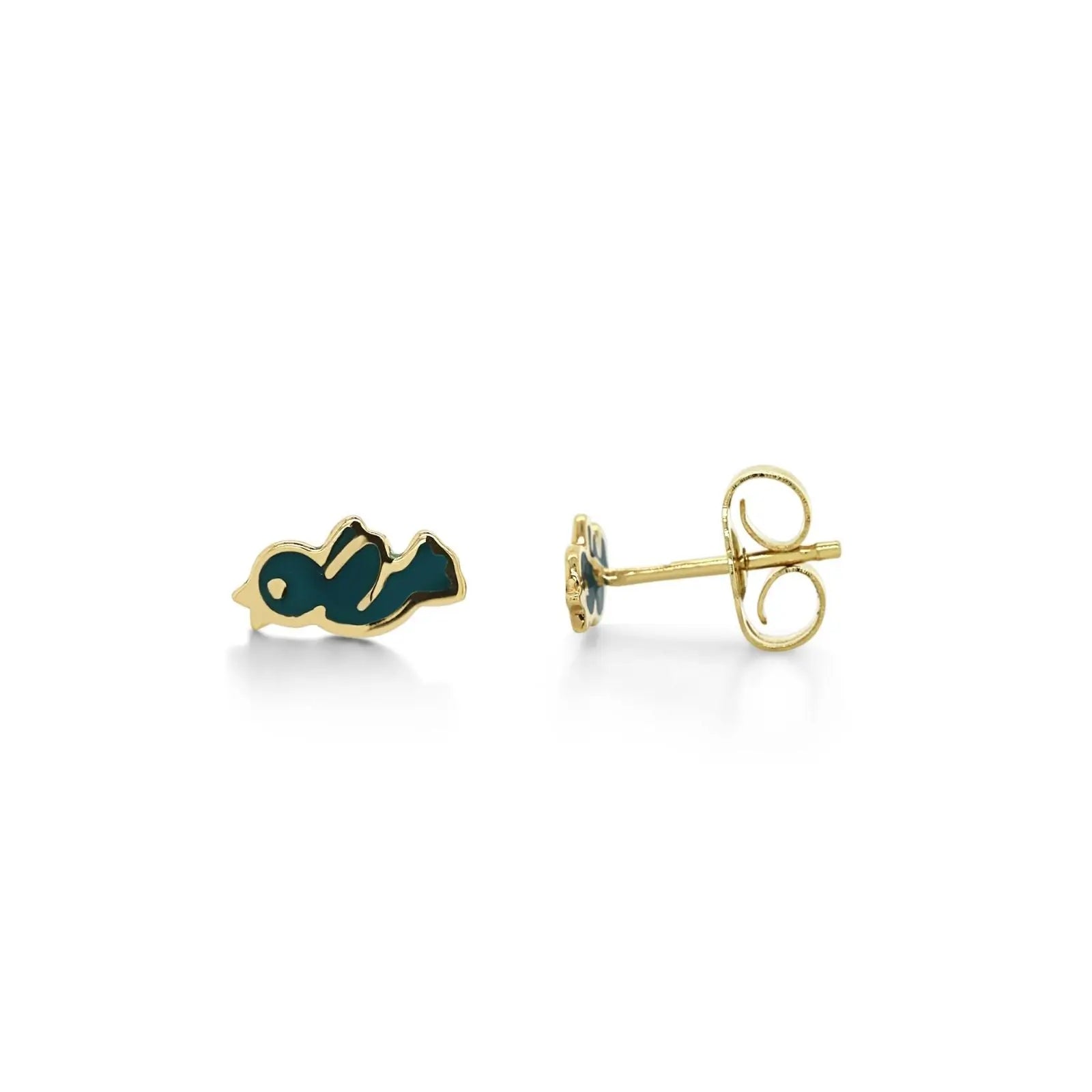 9ct Yellow Gold Enamelled Green Bird Stud Earrings