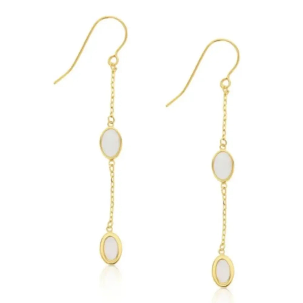 9ct Yellow Gold Fine Chain Drop Earrings with Oval Mother Of Pearl