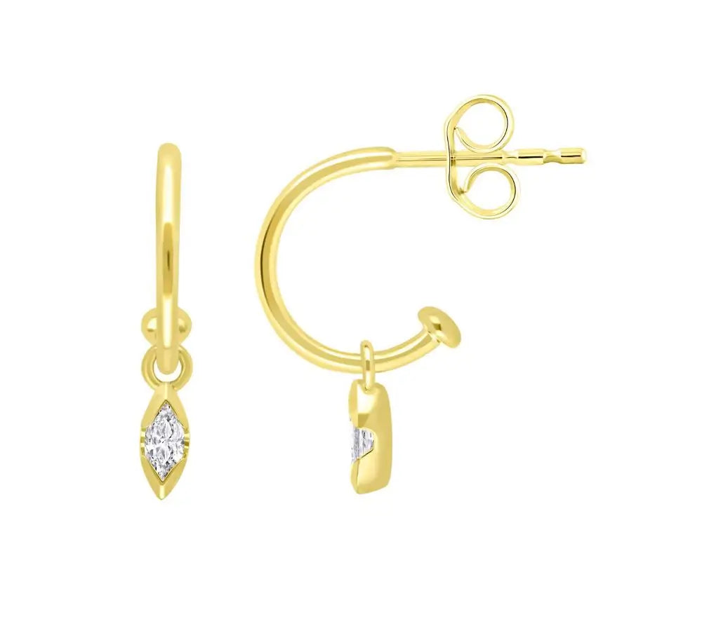 9ct Yellow Gold Half Hoop Studs With Lab Grown Marquise Diamond Charm