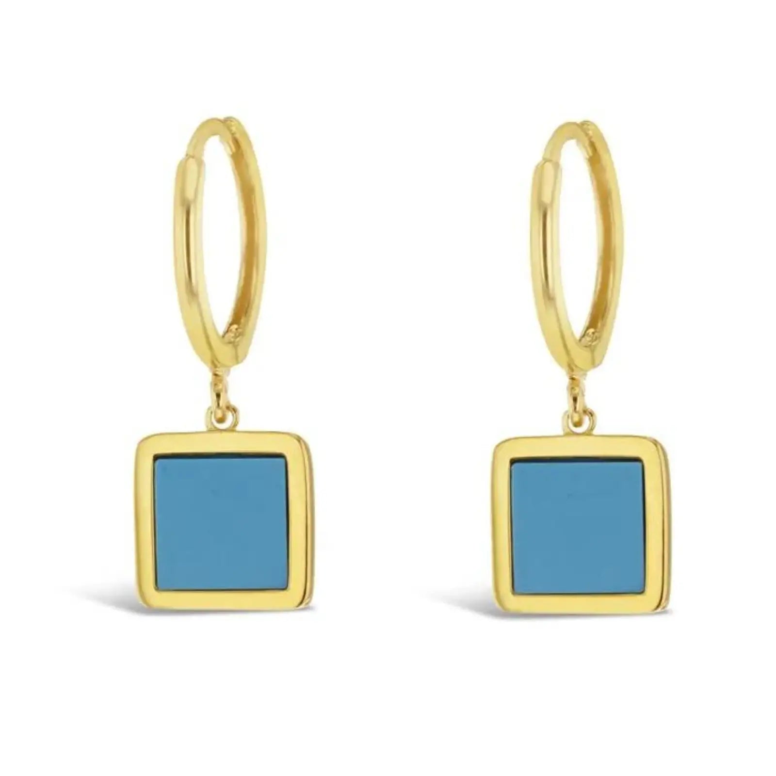 9ct Yellow Gold Huggie With Hanging Square Synthetic Turquoise Drop