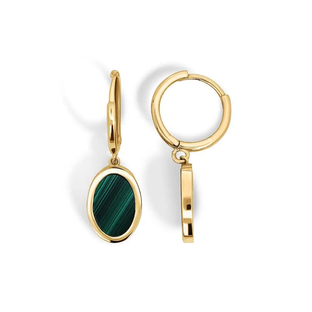 9ct Yellow Gold Huggies With Oval Drop Malachite