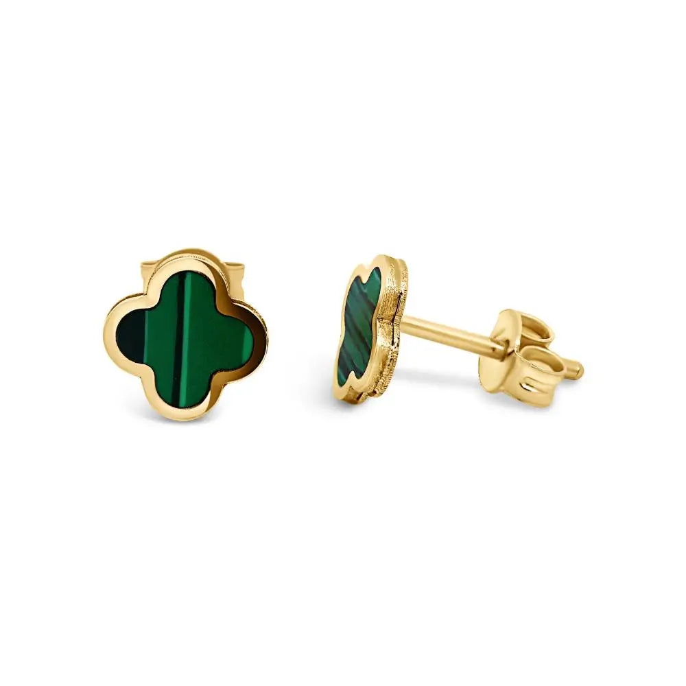 9ct Yellow Gold Malachite Four Leaf Clover Stud Earring