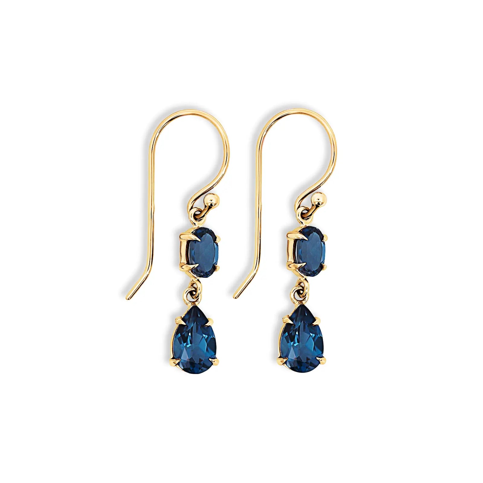 9ct Yellow Gold Oval And Pear Shape London Blue Topaz Drop Earrings