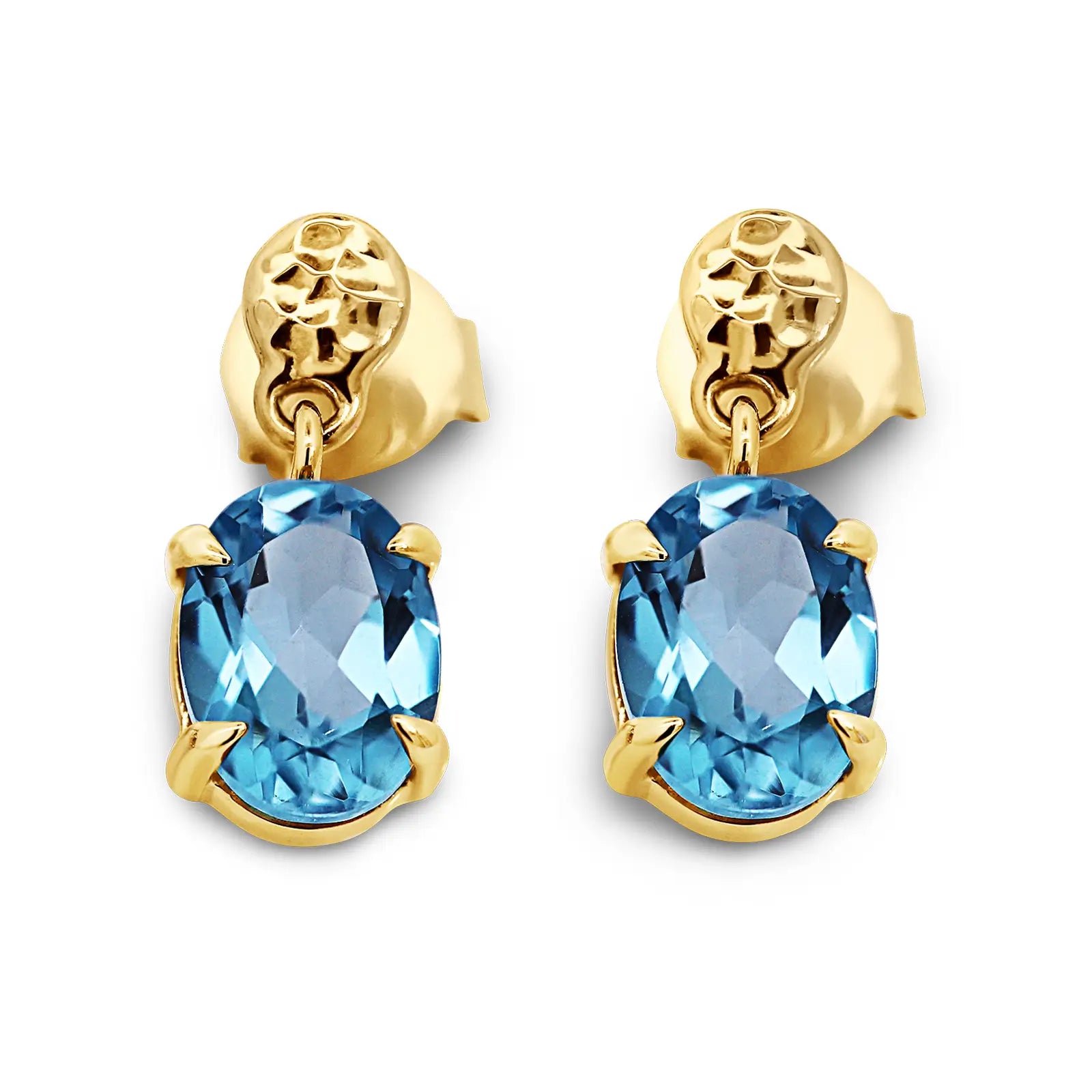 9ct Yellow Gold Oval Blue Topaz Drop Stud Earrings