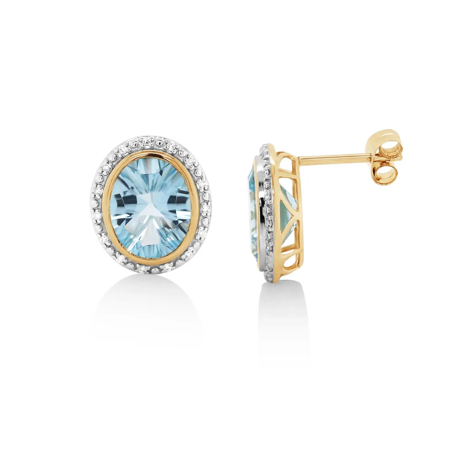 9ct Yellow Gold Oval Blue Topaz & Diamond Earrings