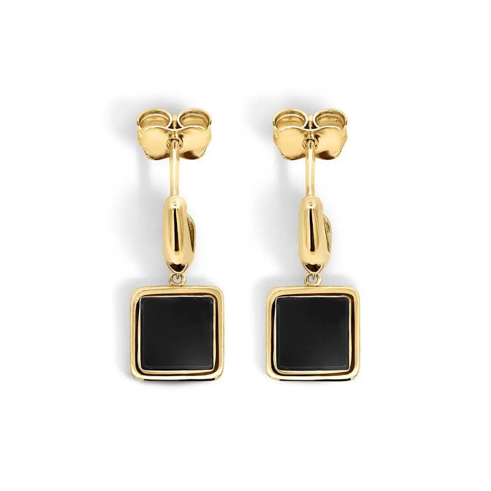 9ct Yellow Gold Stud Earrings With Square Onyx Drop