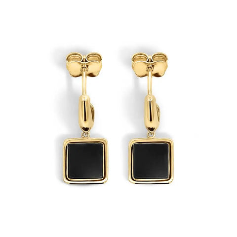9ct Yellow Gold Stud Earrings With Square Onyx Drop