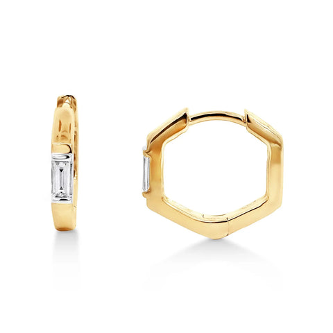 9ct Yellow Gold Heptagon Huggie Earring With Lab Grown Baguette